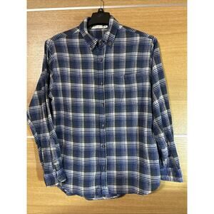 MNML Flannel Shirt Mens Sz M Blue Plaid metal Scorpion Buttons Long Sleeve